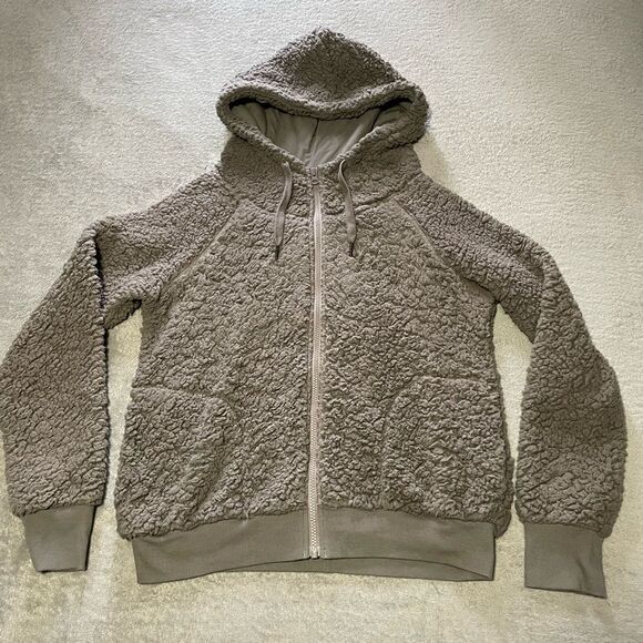 𝅺z by Zella up & over faux shearling zip hoodie in tan driftwood size medium - Picture 2 of 12